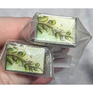 Vintage Green Floral Silver Tone Cuff Links